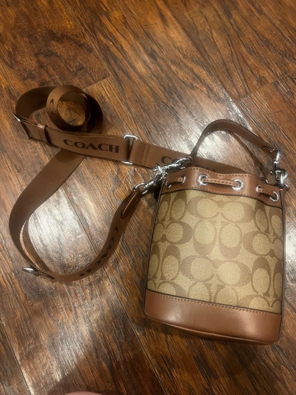 Coach Monogram Canvas Bucket Bag in Tan and Brown
